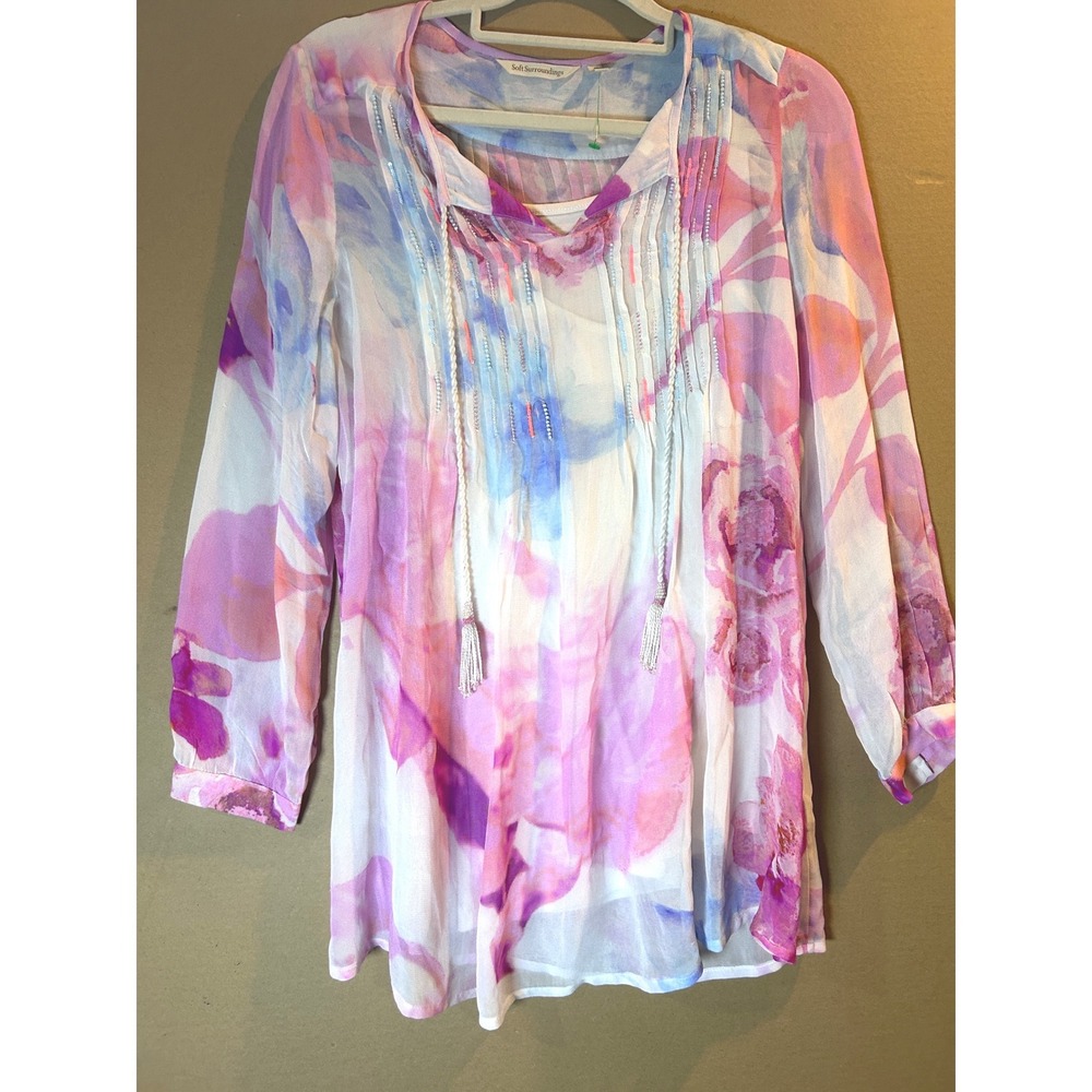 Soft Surroundings Floral Tunic Womens PS Pink Watercolor Sequin Excellent 3DZ19